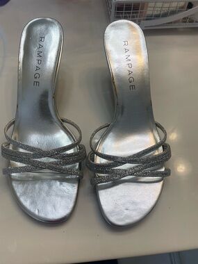 Rampage Silver Glitter Strappy Slide Heels